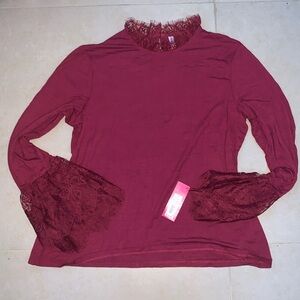 NWT Wine Red Long Sleeve with Lace Detailing and Button to close the back